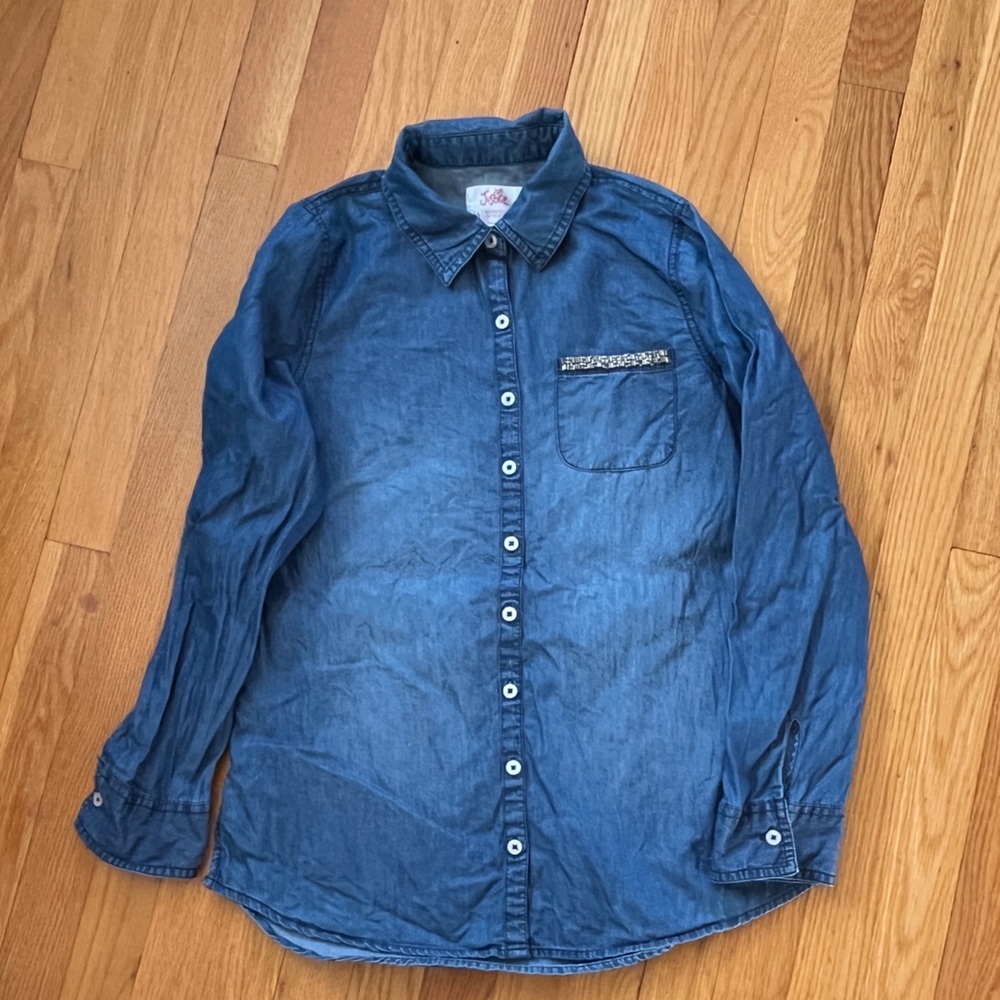 Justice Blue Lightweight Chambray Denim Color Button Shirt w Beaded Pocket Trim